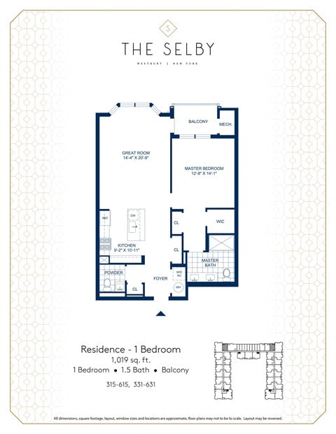 Floor plan for 1 bed, 1.5 baths, 979 sqft